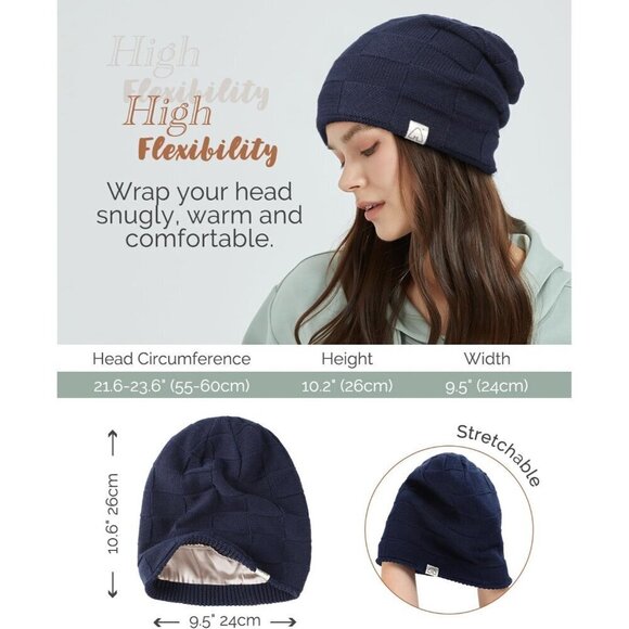 ?Hat Hut Ski Unisex Women Blue Beanie Satin Lined Winter Slouchy Soft Warm Hats